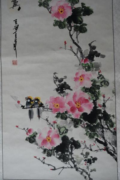 Chine - Paire de canards mandarins, perchés  sur une branche - Peinture à l’encre 2