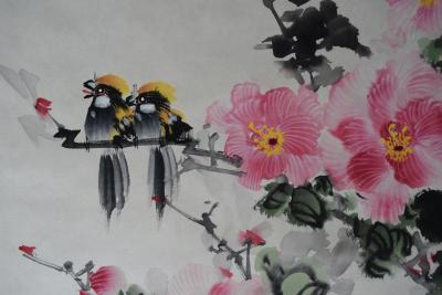 Chine - Paire de canards mandarins, perchés  sur une branche - Peinture à l’encre 2
