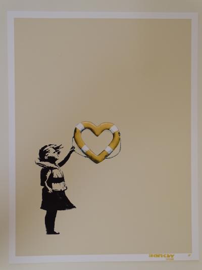 Banksy x Post Modern Vandal - Girl With Heart Shaped Float (Gold), 2021 - Impression pigmentaire