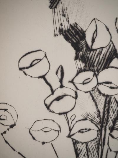 Jean-Joseph CROTTI : Coquelicots et le chaton, Gravure originale signée 2