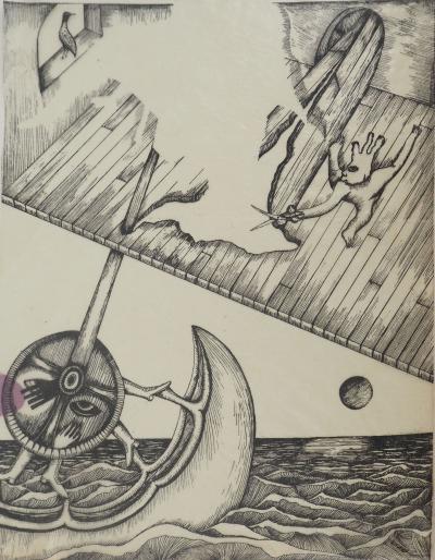Jean-Claude SILBERMANN : Enseignes sournoises, Le bateau surréaliste, Dessin original signé 2