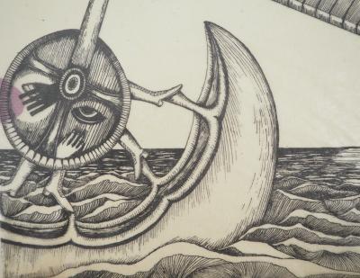 Jean-Claude SILBERMANN : Enseignes sournoises, Le bateau surréaliste, Dessin original signé 2
