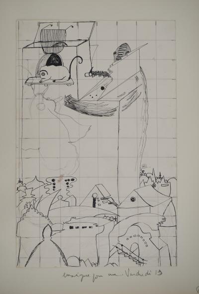 Jean-Claude SILBERMANN : Enseignes sournoises, Le village surréaliste, Dessin original signé 2