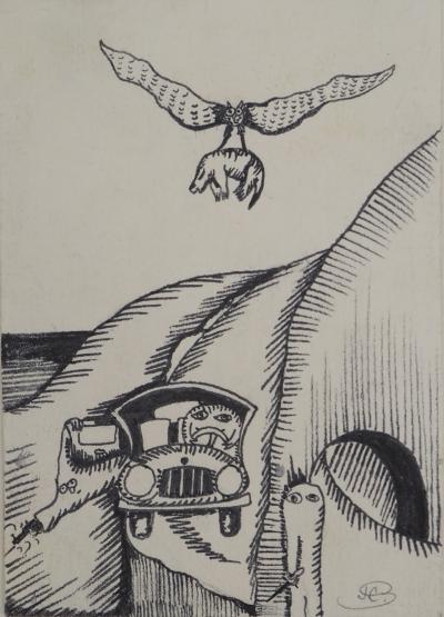 Jean-Claude SILBERMANN : Enseignes sournoises, La balade en voiture, Dessin original signé 2