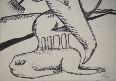 Jean-Claude SILBERMANN : Enseignes sournoises, Le serviteur au balais, Dessin original signé 2