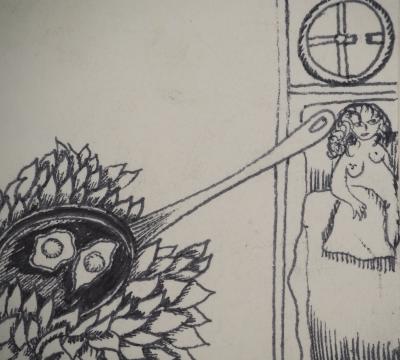 Jean-Claude SILBERMANN : Enseignes sournoises, Le petit déjeuné de la jeune fille, Dessin original signé 2