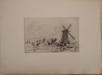 Johan-Barthold JONGKIND : Batavia, Moulins en Hollande, Gravure originale signée 2