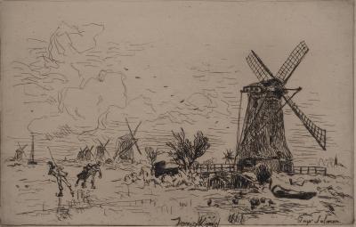 Johan-Barthold JONGKIND : Batavia, Moulins en Hollande, Gravure originale signée 2
