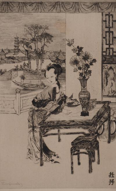 Jules Ferdinand JACQUEMART : Japon, La Pivoine, Gravure originale signée 2