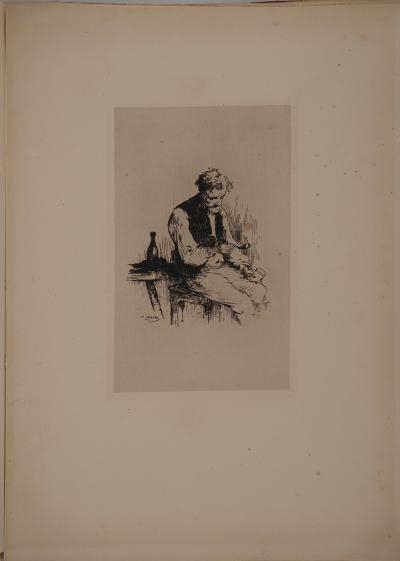 Théodule RIBOT : Homme à la pipe, Gravure originale signée 2
