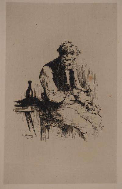 Théodule RIBOT : Homme à la pipe, Gravure originale signée 2
