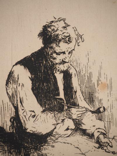 Théodule RIBOT : Homme à la pipe, Gravure originale signée 2