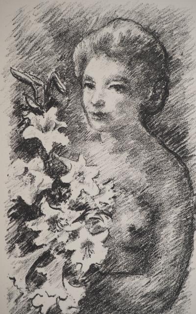 René DEMEURISSE : Nu au Lys, Lithographie originale signée 2