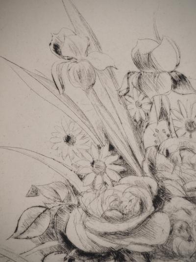 Edmond HEUZE : Bouquet dans un vase en porcelaine, Gravure originale 2