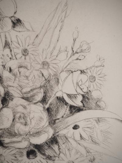 Edmond HEUZE : Bouquet dans un vase en porcelaine, Gravure originale 2