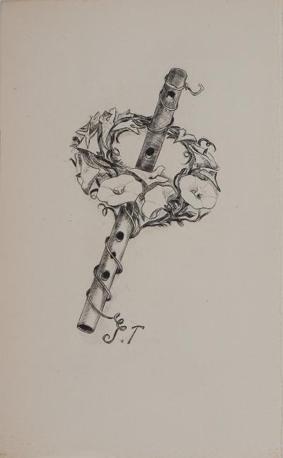 Suzanne TOURTE : Flûte et couronne de fleurs, Gravure originale signée 2