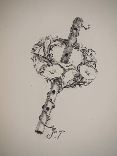 Suzanne TOURTE : Flûte et couronne de fleurs, Gravure originale signée 2