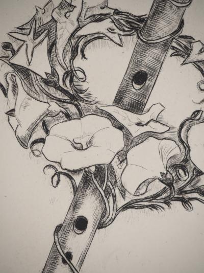 Suzanne TOURTE : Flûte et couronne de fleurs, Gravure originale signée 2