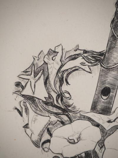 Suzanne TOURTE : Flûte et couronne de fleurs, Gravure originale signée 2