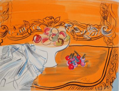 Raoul DUFY : Pêches et cerises sur fond orange, Lithographie signée 2