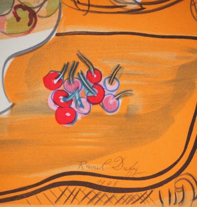 Raoul DUFY : Pêches et cerises sur fond orange, Lithographie signée 2