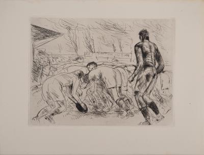 André DUNOYER DE SEGONZAC : La mêlée de rugby, Gravure originale 2