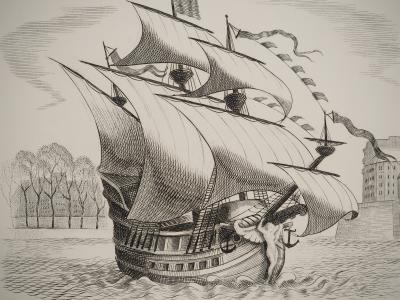 Pierre DUBREUIL : Navire sur la Seine, Gravure originale signée 2