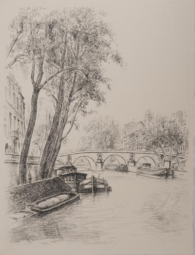 Robert LOTIRON : Péniche vers l’Ile Saint Louis, Gravure originale signée 2