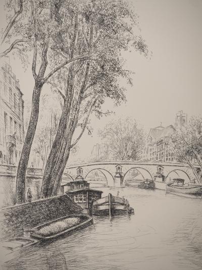 Robert LOTIRON : Péniche vers l’Ile Saint Louis, Gravure originale signée 2