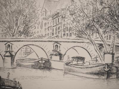 Robert LOTIRON : Péniche vers l’Ile Saint Louis, Gravure originale signée 2