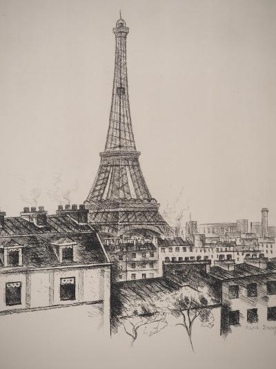 René DUREY : Vue sur la Tour Eiffel, Gravure originale signée 2
