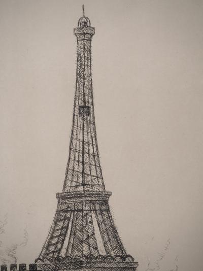 René DUREY : Vue sur la Tour Eiffel, Gravure originale signée 2
