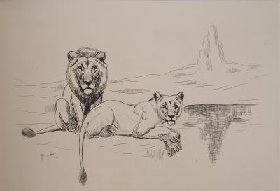 Georges Lucien GUYOT : Couple de Lions, Gravure originale signée 2