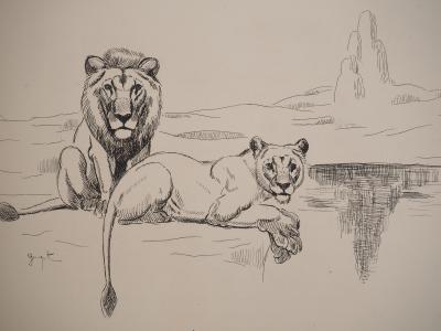 Georges Lucien GUYOT : Couple de Lions, Gravure originale signée 2