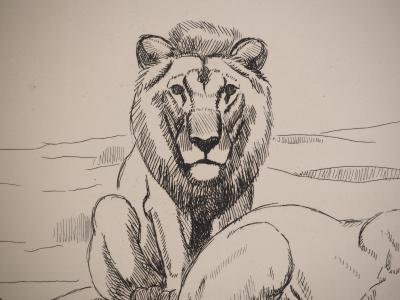 Georges Lucien GUYOT : Couple de Lions, Gravure originale signée 2