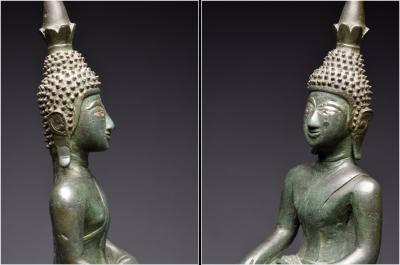Laos, XVIIIème siècle, Important Bouddha Maravijaya en bronze à patine verte et incrustations d’argent 2