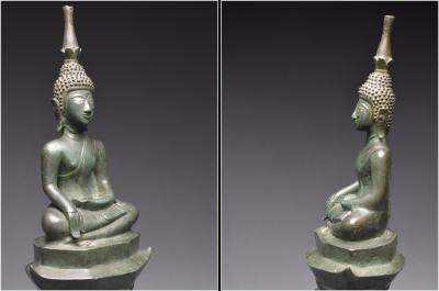 Laos, XVIIIème siècle, Important Bouddha Maravijaya en bronze à patine verte et incrustations d’argent 2
