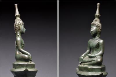 Laos, XVIIIème siècle, Important Bouddha Maravijaya en bronze à patine verte et incrustations d’argent 2