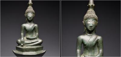 Laos, XVIIIème siècle, Important Bouddha Maravijaya en bronze à patine verte et incrustations d’argent 2