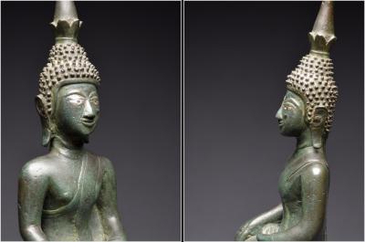 Laos, XVIIIème siècle, Important Bouddha Maravijaya en bronze à patine verte et incrustations d’argent 2