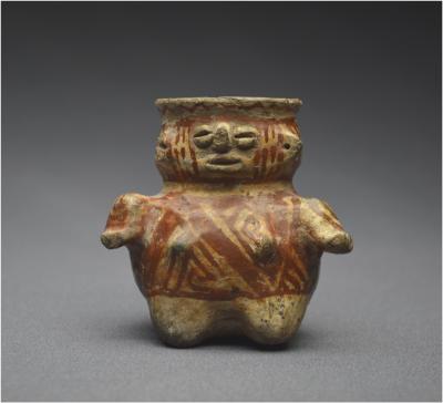 Mexique, 800 – 1500 ap J. –C., Culture Huastèque, Petit vase anthropomorphe à potions, Céramique à engobe crème et rouge café 2
