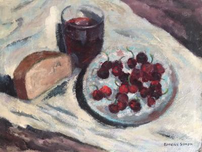 Robert SIMON - Nature morte aux cerises , 1950 - Huile sur carton signée 2