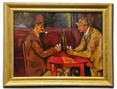 Paul Cézanne (d’après), Joueurs de cartes, huile sur panneau, copie 1950 2