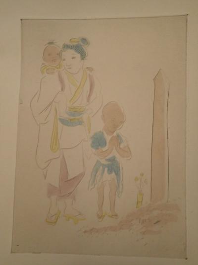 Léonard Foujita - La veuve et ses enfants, 1927 - Eau-forte coloris de Jacomet 2