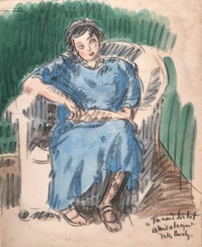 Jules BORÉLY - Femme assise - Aquarelle et fusain signé 2