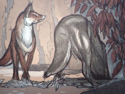 Paul JOUVE - Le renard et le loup sous les châtaigniers - Gravure sur bois 2