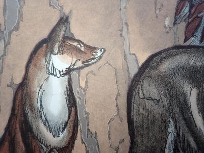 Paul JOUVE - Le renard et le loup sous les châtaigniers - Gravure sur bois 2