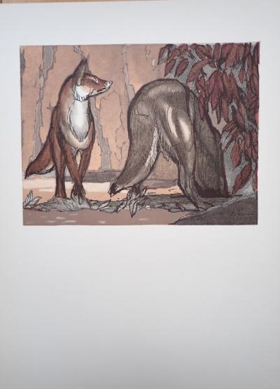Paul JOUVE - Le renard et le loup sous les châtaigniers - Gravure sur bois 2