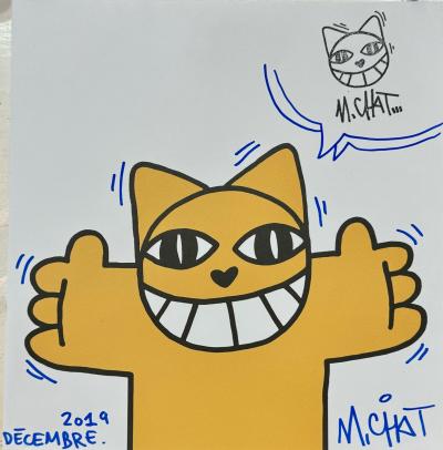 M.Chat- Chat jaune - Technique mixte sur papier - 2019 - Signée 2