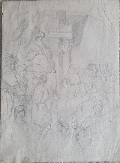 Eugène Devéria  (attribué à) - scène du moyen âge étude  - dessin original